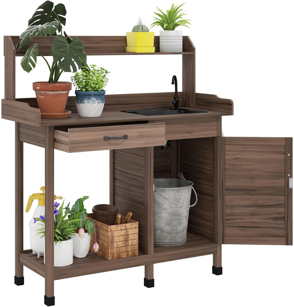 Natural Wood Outdoor Potting Bench with Storage Cabinet,Sink, Faucet and Hooks for Garden Lawn (Brown, 44.5 Inches)