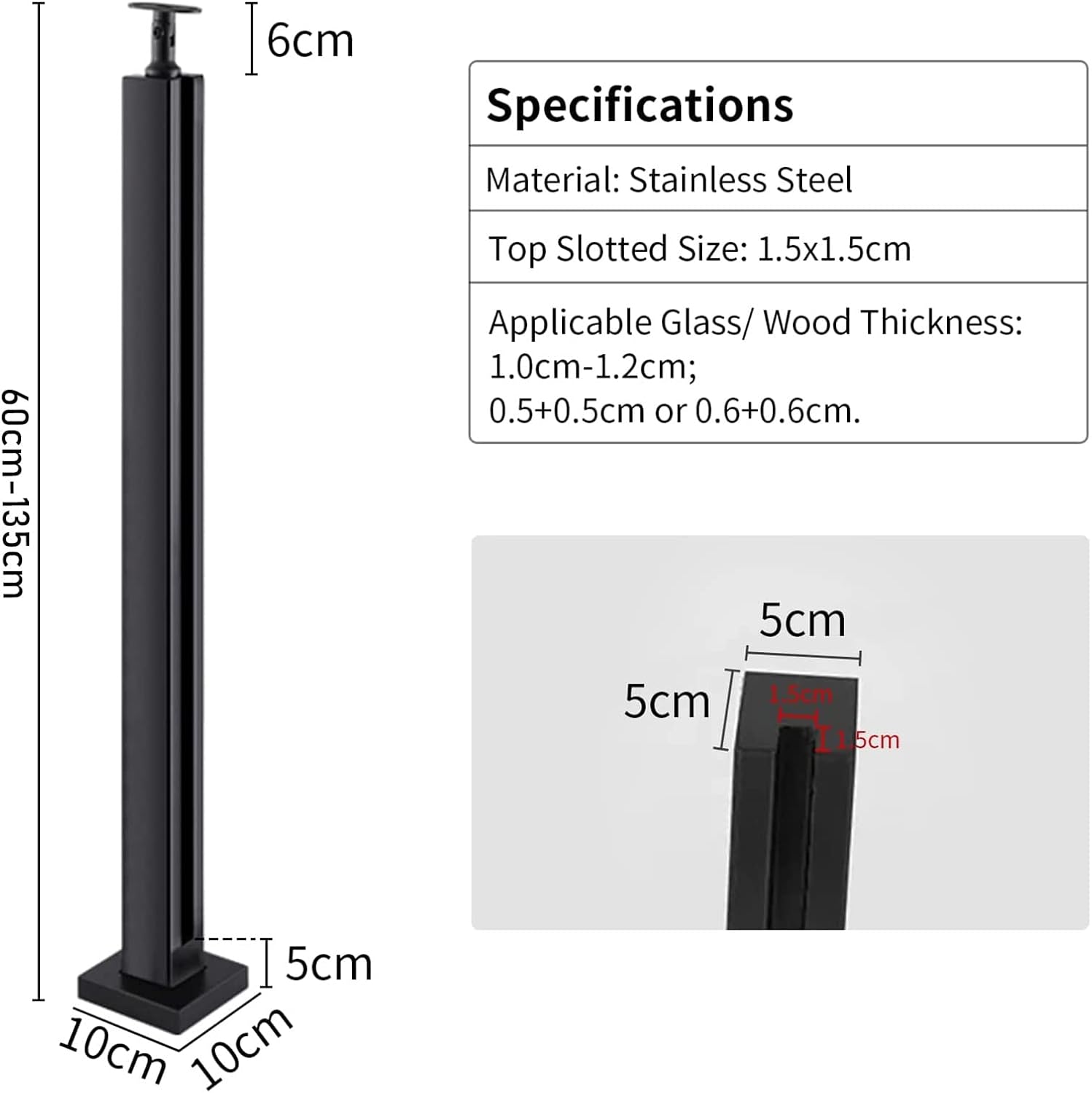 Glass Balustrade Post, 304 Stainless Steel Black Glass Railing Post can add handrails, Black Glass Panel Support for Railing/Patio Stairs/Indoor Staircase (Color : End Post, Size : Height-60cm/23.6i