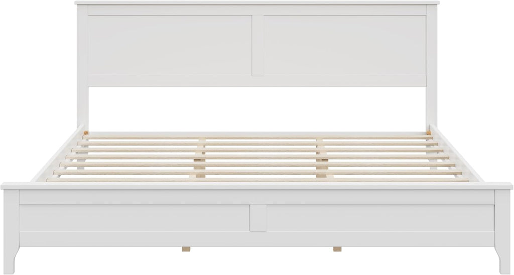King Size Wood Bed Frame and Headboard, Modern Retro White Platform Beds Frames, Sturdy and Durable Design Mid Century Rustic Wooden Bedroom Set, No Box Spring Needed (White, King)