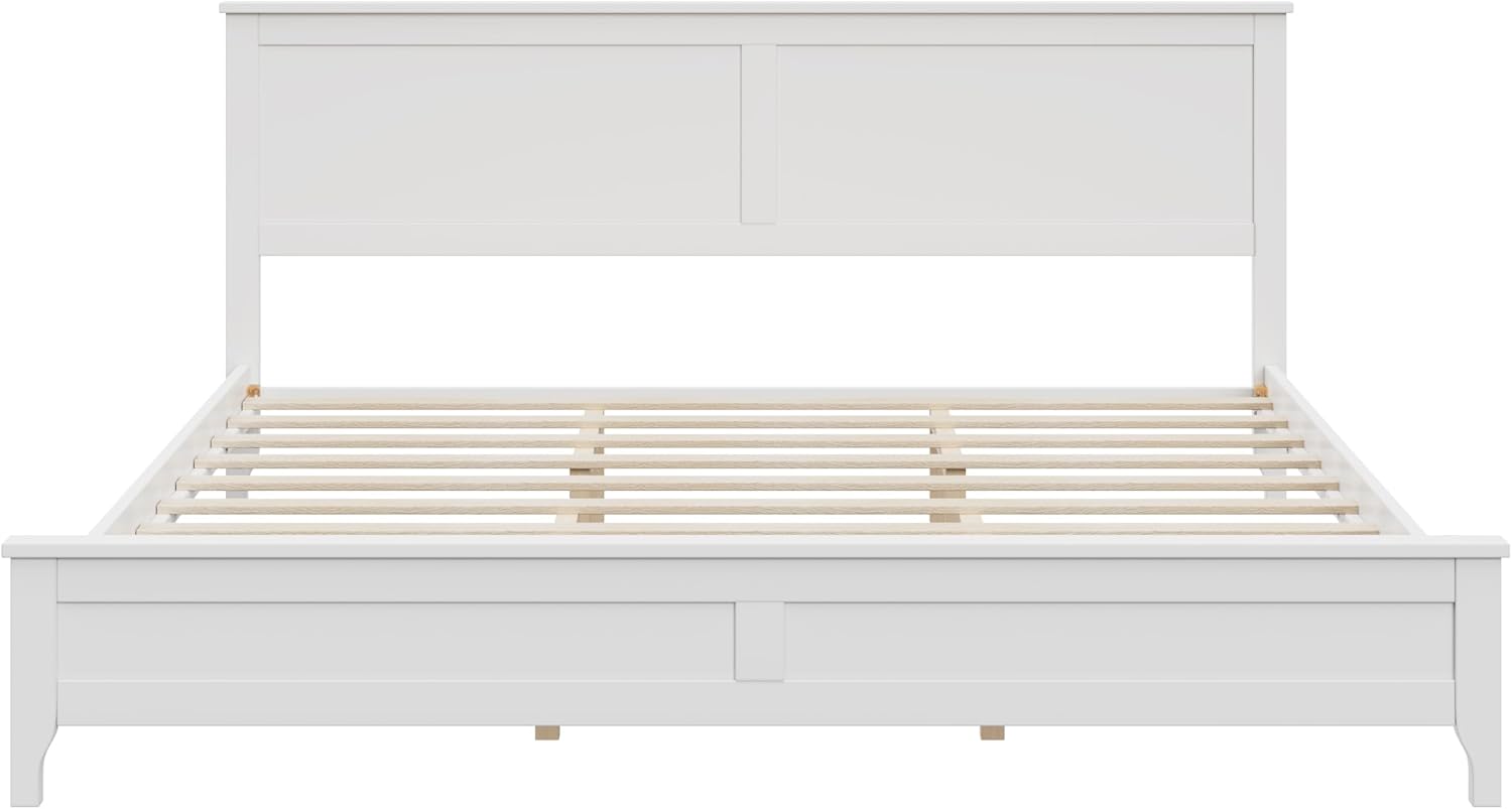 King Size Wood Bed Frame and Headboard, Modern Retro White Platform Beds Frames, Sturdy and Durable Design Mid Century Rustic Wooden Bedroom Set, No Box Spring Needed (White, King)