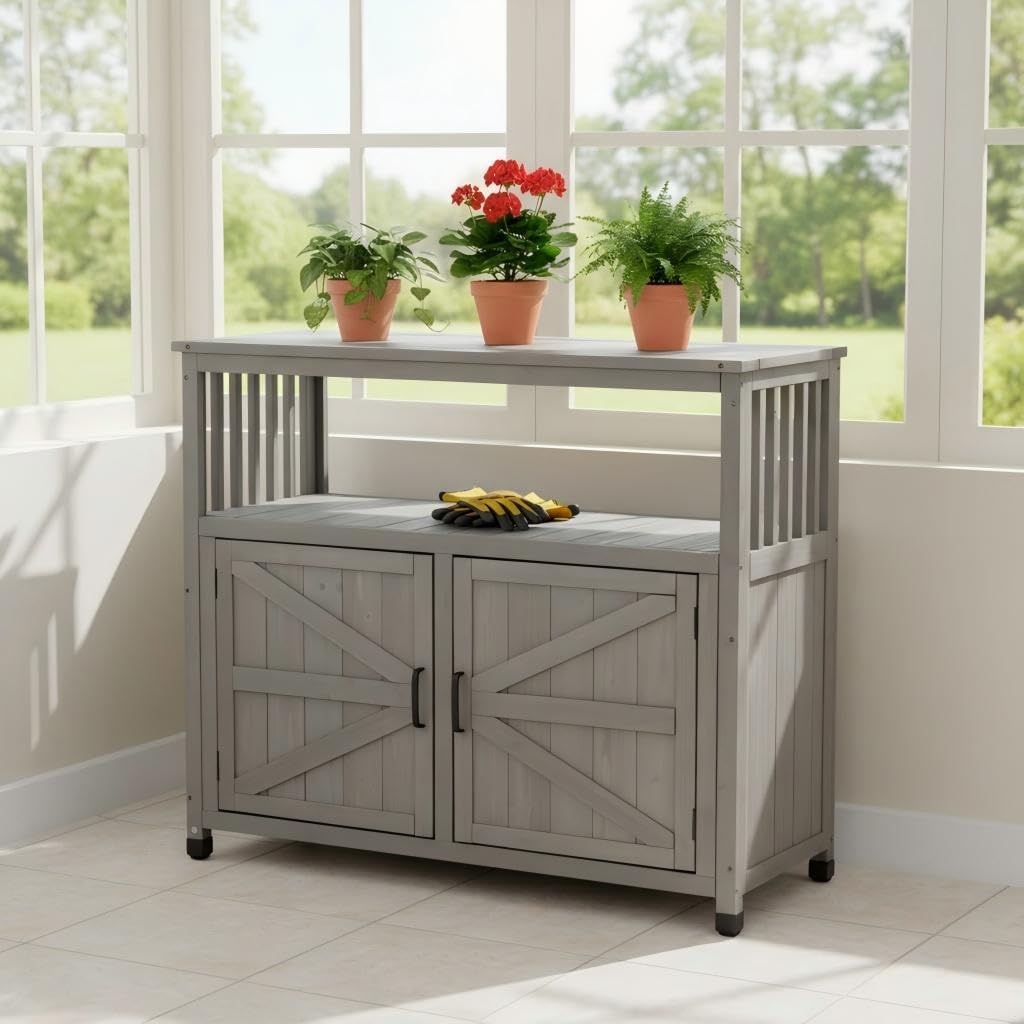 48' Potting Bench with Storage Cabinet, Solid Wood Garden Work Bench, Outdoor Prep Table & Potting Station for Patio, Backyard & BBQ, Grey