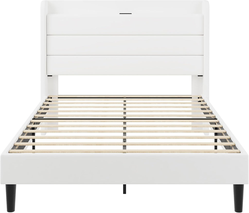 SHA CERLIN Full Size Bed Frame with Charging Station, Velvet Upholstered Platform Bed, Wingback Storage Headboard, Type-C & USB Ports, Strong Wooden Slats, No Box Spring Needed, Easy Assembly, White