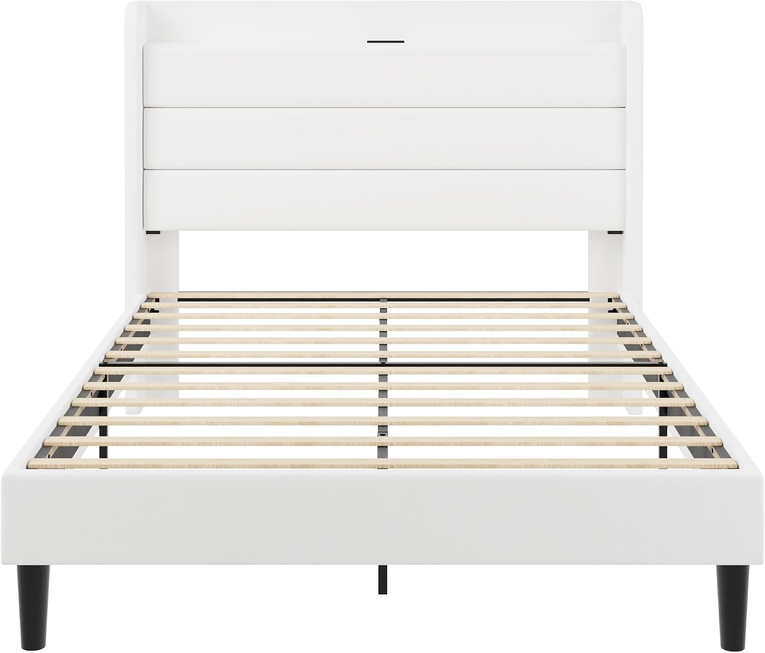 SHA CERLIN Full Size Bed Frame with Charging Station, Velvet Upholstered Platform Bed, Wingback Storage Headboard, Type-C & USB Ports, Strong Wooden Slats, No Box Spring Needed, Easy Assembly, White