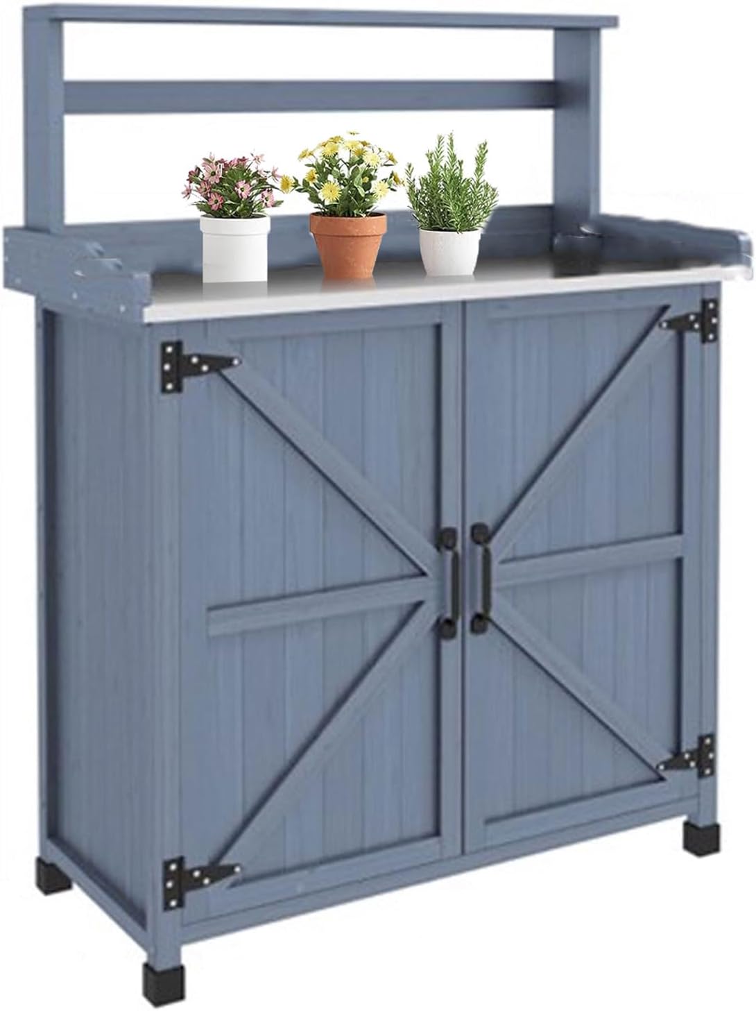 Outdoor Potting Bench with Storage Cabinet and Metal-Plated Tabletop, Top Shelves, Non-Slip Foot Mats, All-Weather Garden Potting Bench Table Work Station for Outside Lawn Patio