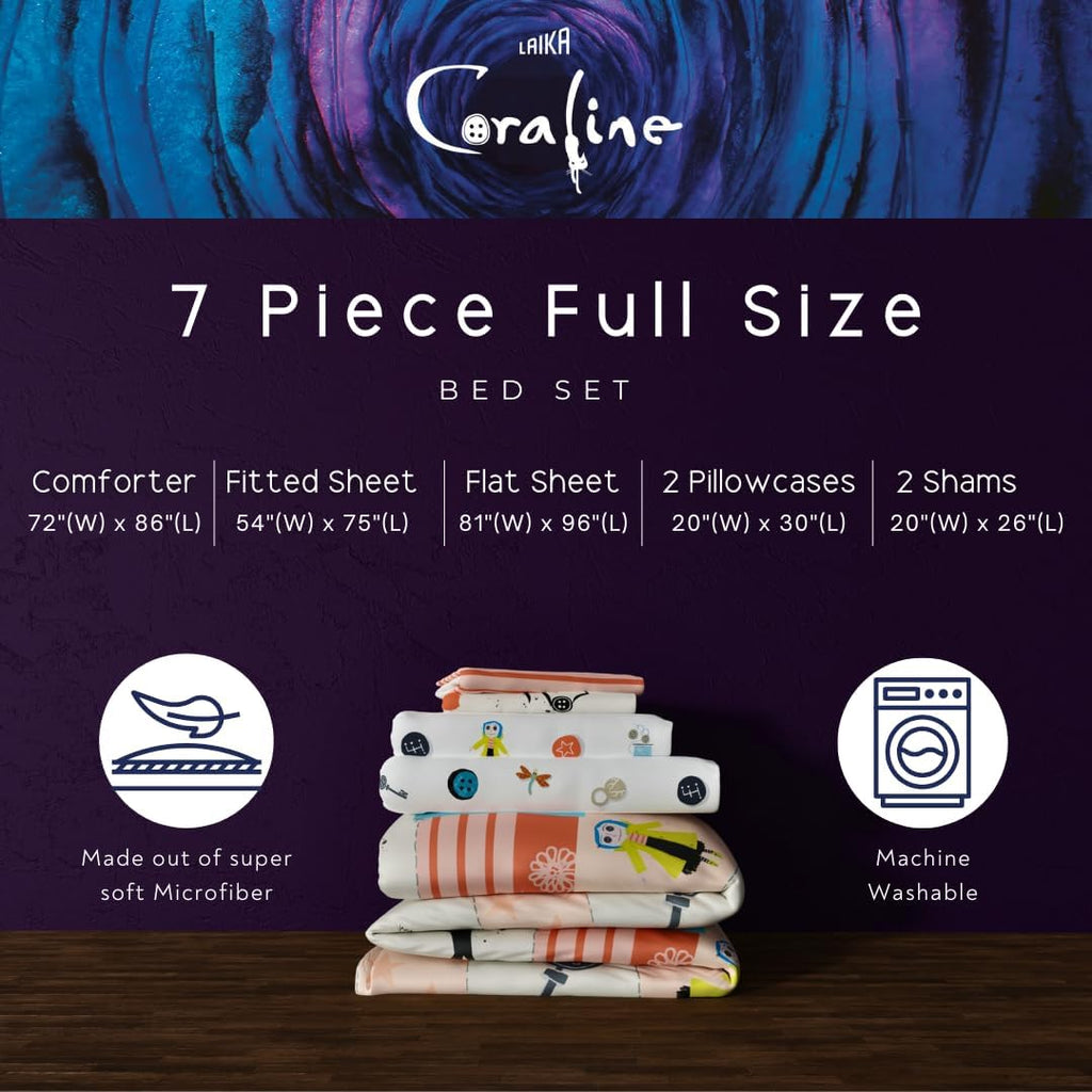 Coraline Kids Bedding Super Soft & Cozy Reversible Microfiber Comforter and Sheet Set with Sham, 7 Piece Full Size, (Officially Licensed Product) By Franco