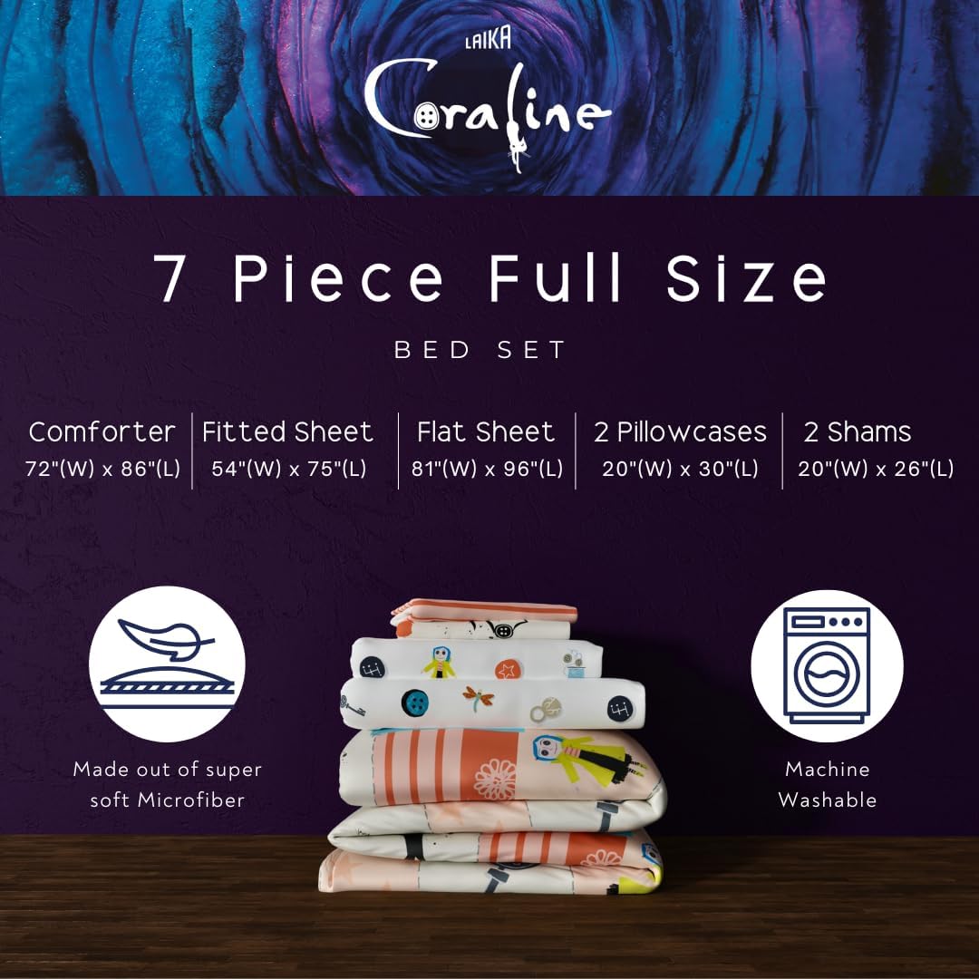 Coraline Kids Bedding Super Soft & Cozy Reversible Microfiber Comforter and Sheet Set with Sham, 7 Piece Full Size, (Officially Licensed Product) By Franco