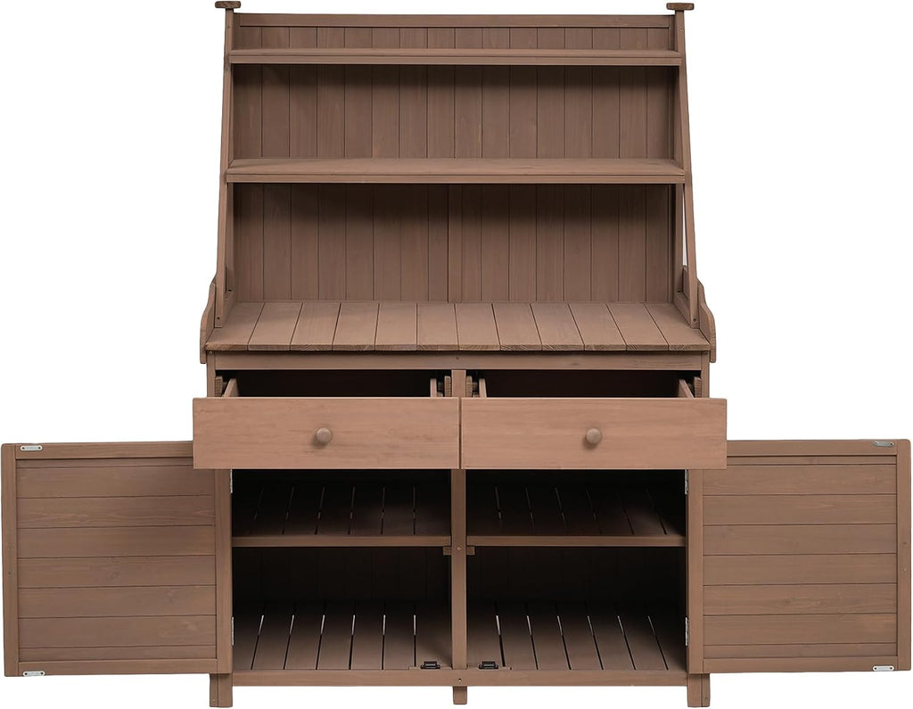 65inch Patio Potting Bench Table, Fir Wood Workstation with Storage Shelf, 2 Drawer and Cabinet,for Outdoor Garden Lawn Backyard (Brown@Drawer)