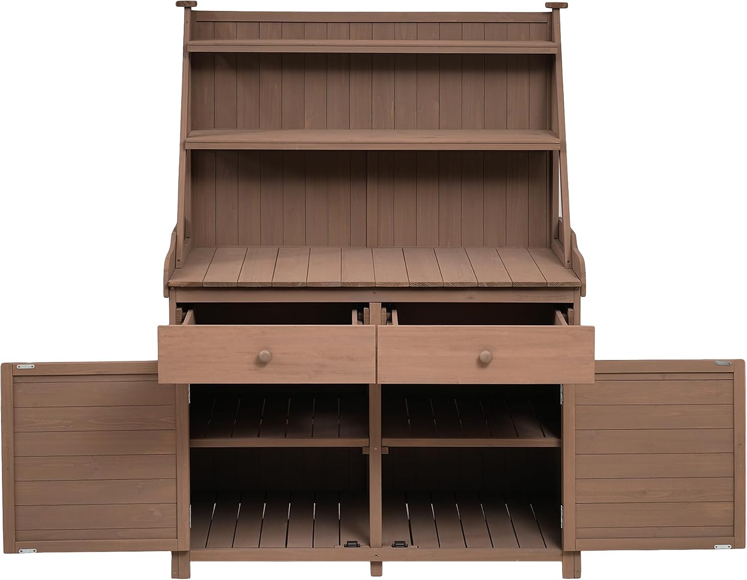 65inch Patio Potting Bench Table, Fir Wood Workstation with Storage Shelf, 2 Drawer and Cabinet,for Outdoor Garden Lawn Backyard (Brown@Drawer)