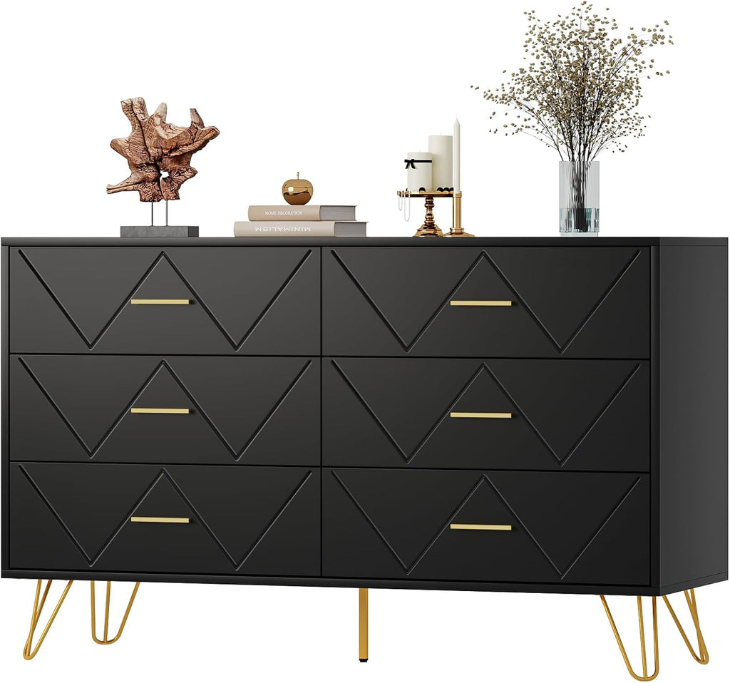 6 Drawer Black Dresser for Bedroom, Modern Chest of Drawers with Deep Drawers,Wood Dresser with Gold Metal Handles for Bedroom, Living Room, Hallway