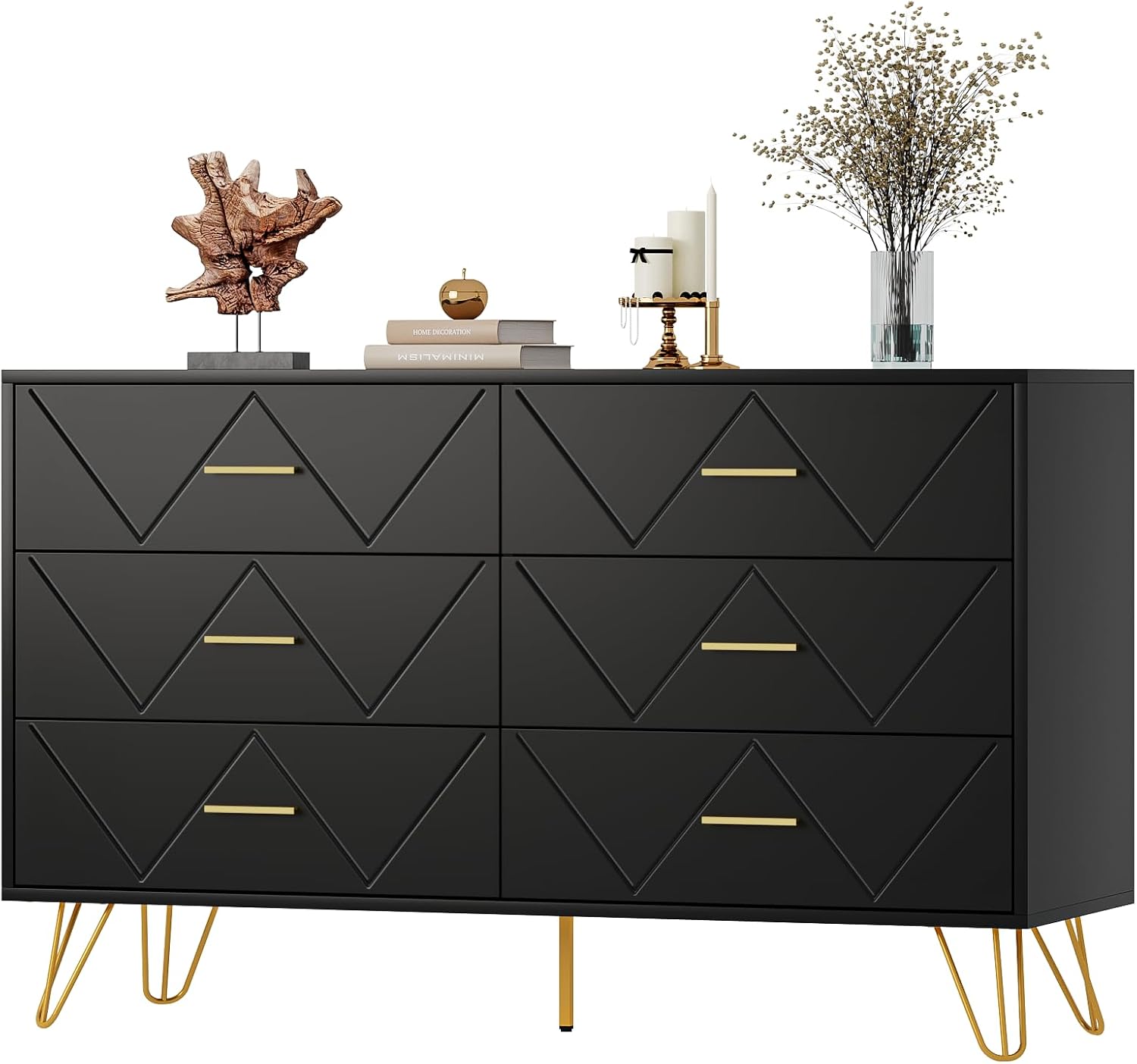 6 Drawer Black Dresser for Bedroom, Modern Chest of Drawers with Deep Drawers,Wood Dresser with Gold Metal Handles for Bedroom, Living Room, Hallway