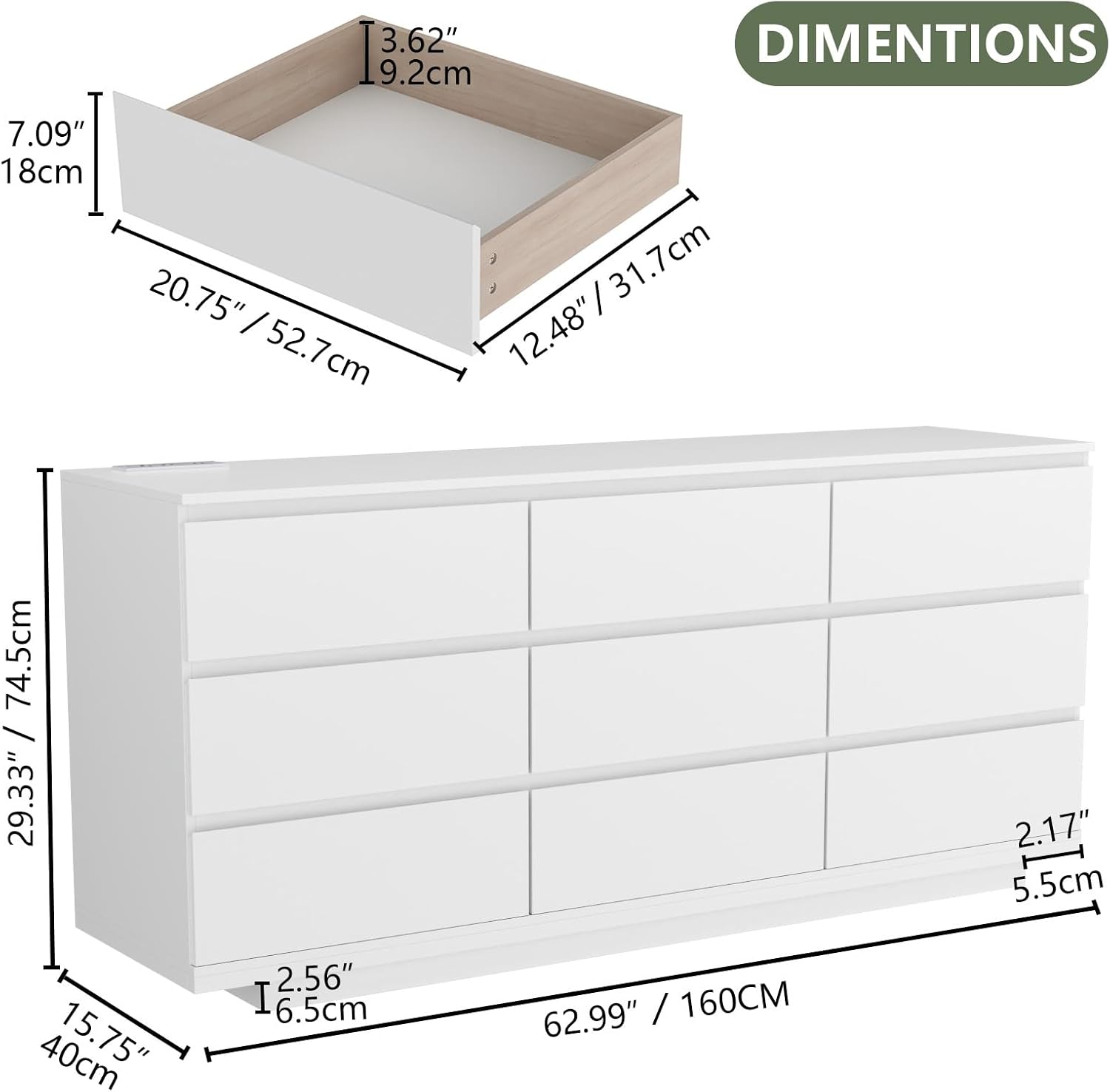Gyfimoie 9 Drawer Dresser with Power Outlet and LED Lighting, Floating White Dresser Chest of Drawers, The Modern Organizer for Bedroom & Living Room (White)