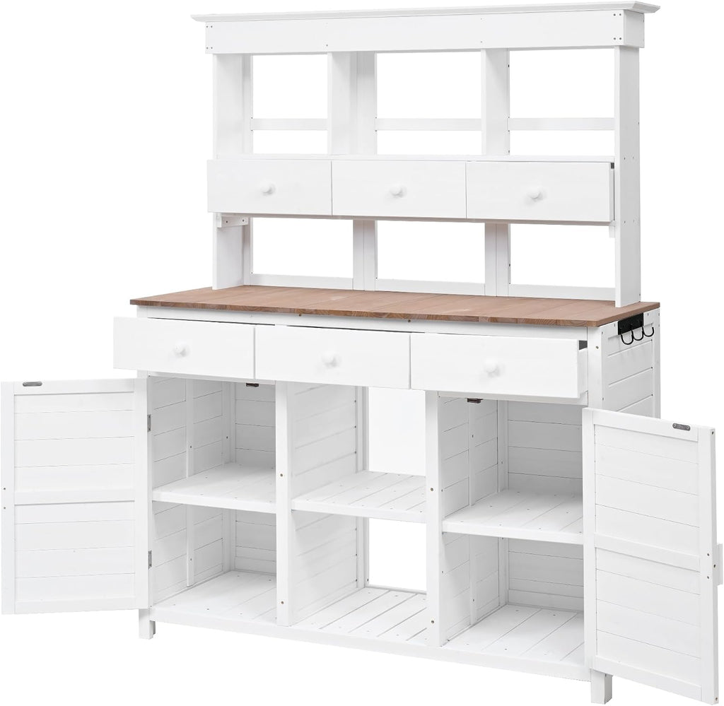 Outdoor Garden Workstation with Storage Shelves and Cabinets, Potting Bench Table with Hutch and Drawers & Side Hooks for for Garden, Patio, Greenhouse, White