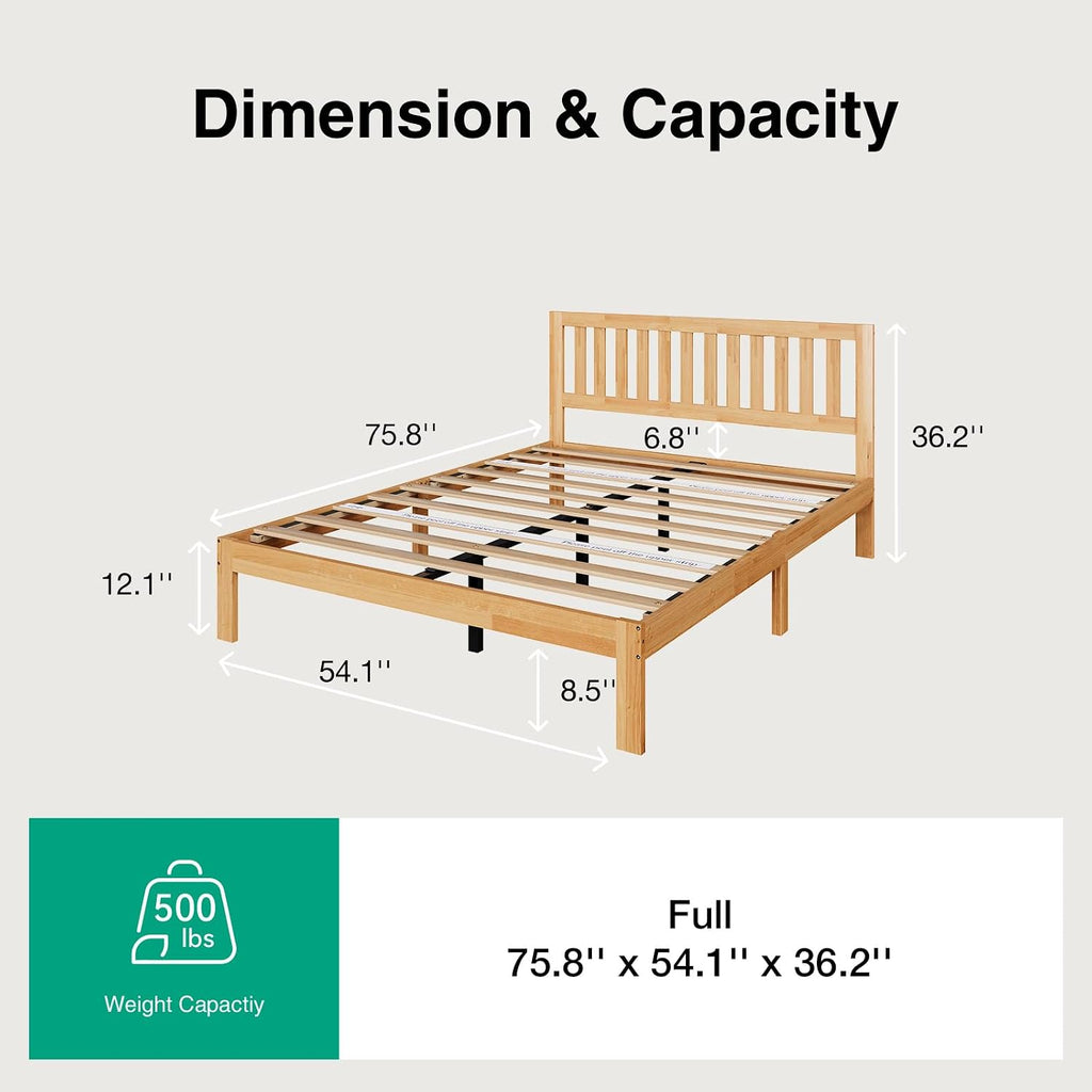 Novilla 12 Inch Full Size Bed Frame Solid Wooden Full Bed Frames with Headboard Wooden Classic Bed Frame Foundation, No Box Spring Needed, Easy Assembly, Natural Grain Wood