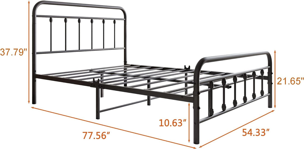 Vintage Full Size Bed Frame with Headboard and Footboard Mattress Heavy Duty Metal Platform, Steel Slat Support (Full, Black Sanded)