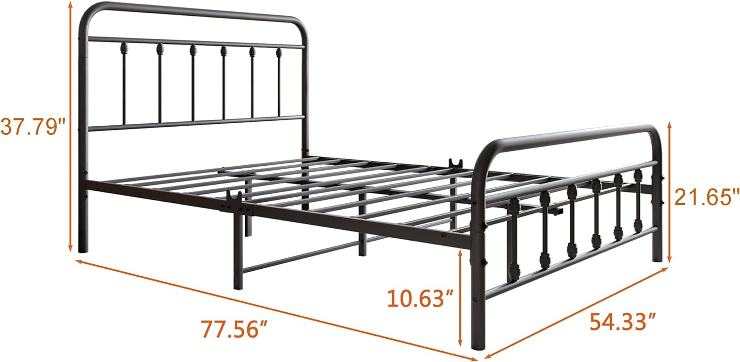 Vintage Full Size Bed Frame with Headboard and Footboard Mattress Heavy Duty Metal Platform, Steel Slat Support (Full, Black Sanded)