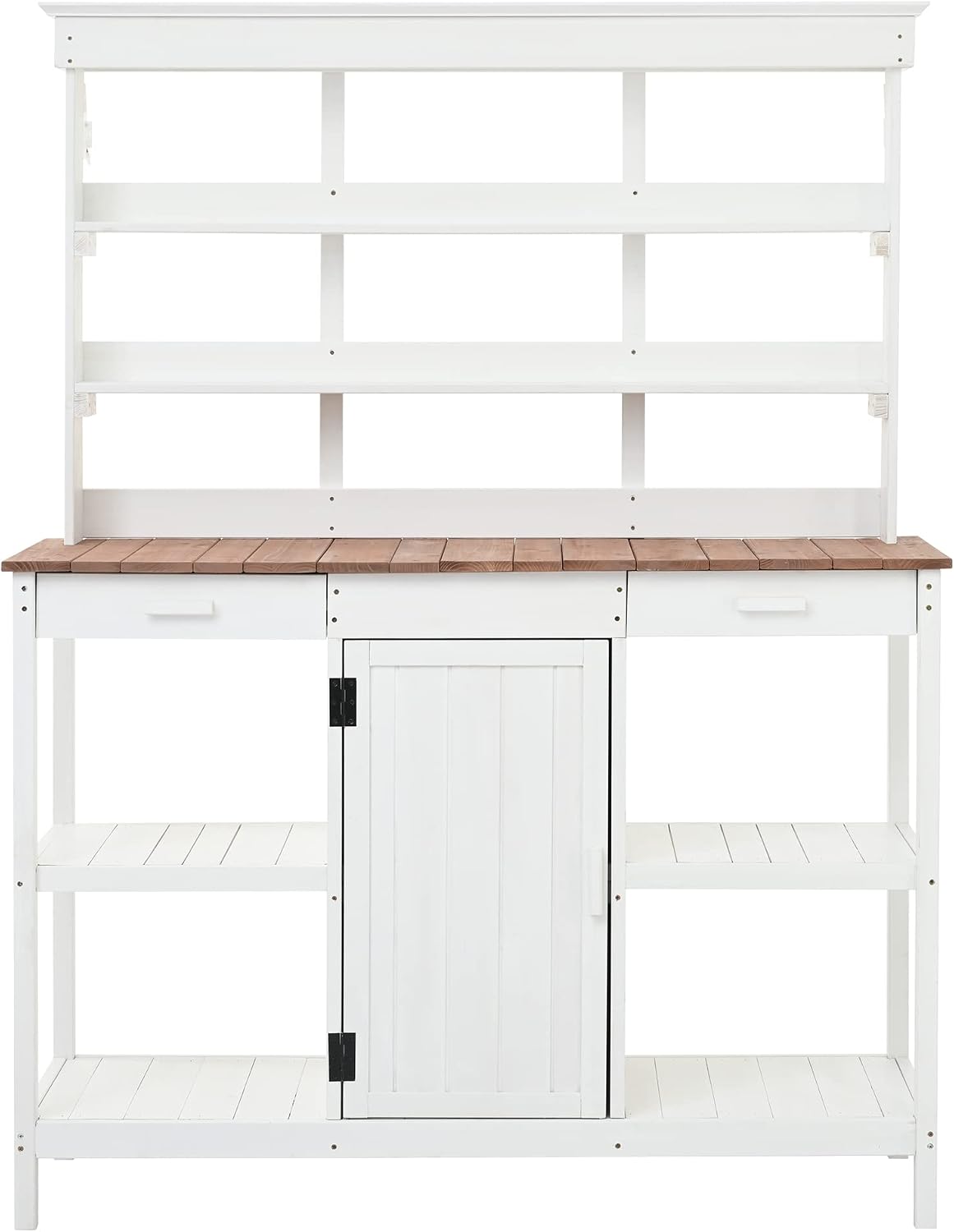 66' Wooden Potting Bench Table with Drawers, Cabinet & Open Shelves, Farmhouse Outdoor Garden Workstation for Backyard Patio or Mudroom, Solid Fir Wood Gardening Table,White