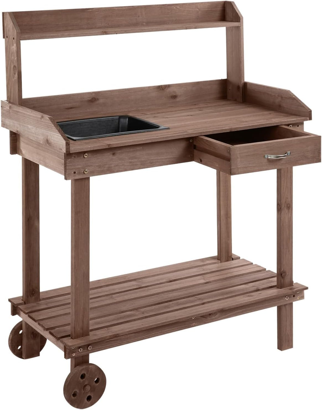 36' Wooden Potting Bench Work Table with 2 Removable Wheels, Sink, Drawer & Large Storage Spaces, Brown