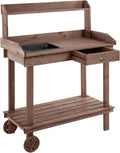 36' Wooden Potting Bench Work Table with 2 Removable Wheels, Sink, Drawer & Large Storage Spaces, Brown
