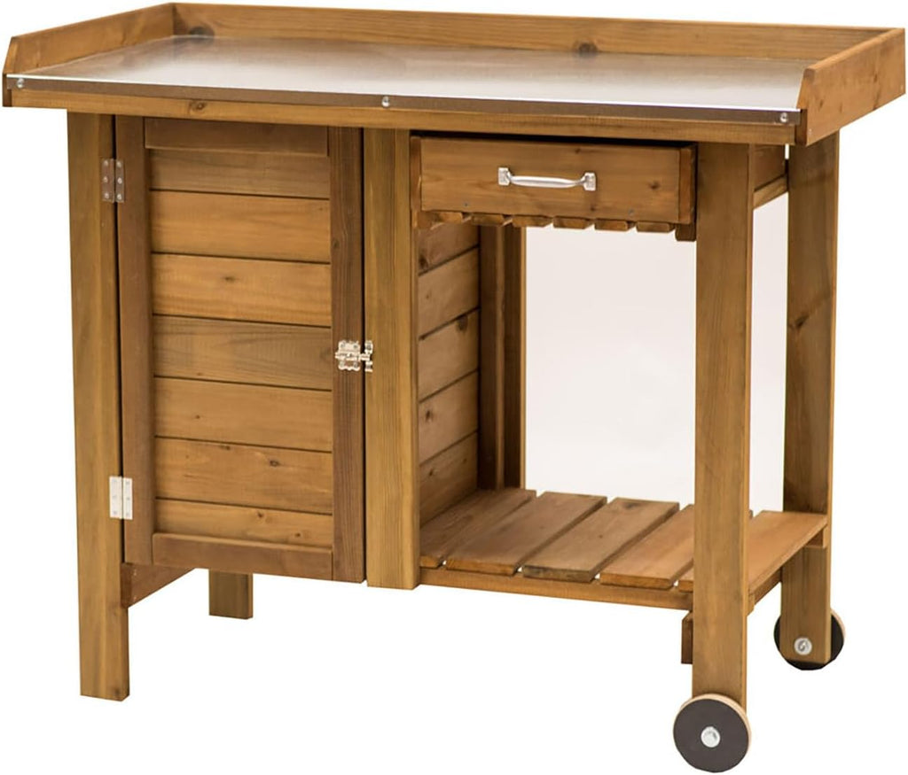 Gardener's Table with Tin Work Surface, Wheels, Cabinet, and Drawer, 42.5' L x 20.5' W x 35.5' H; 73 lbs
