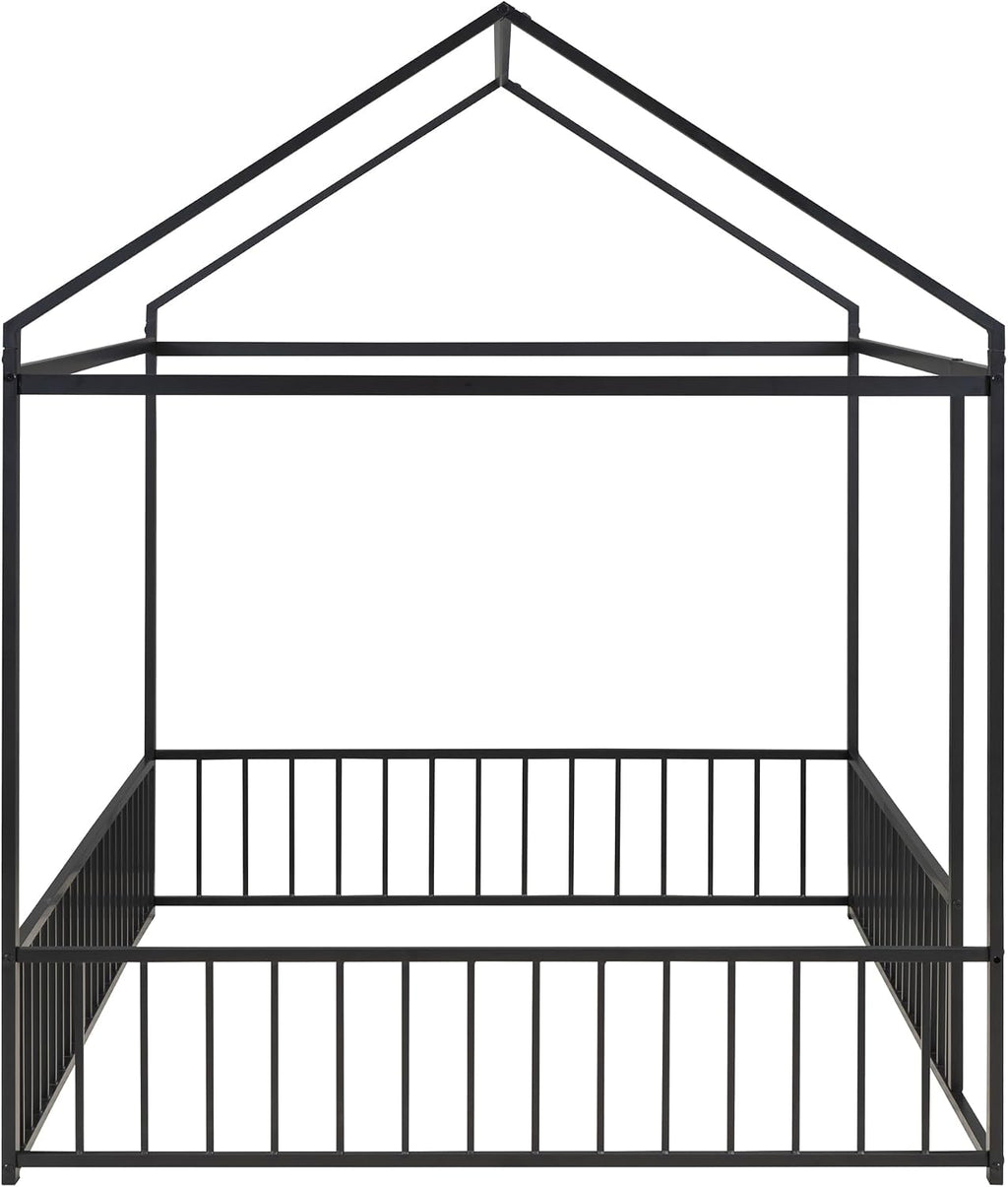 Bellemave Full Size House Floor Bed with Rails and roof, Metal House Bed for Kids, Montessori Floor Beds for Kids, Black
