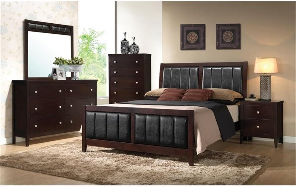 Coaster Carlton Eastern King Size Panel Bed with Black Padded Leatherette Tapered Legs Solid Wood and Veneers Construction, In Cappuccino