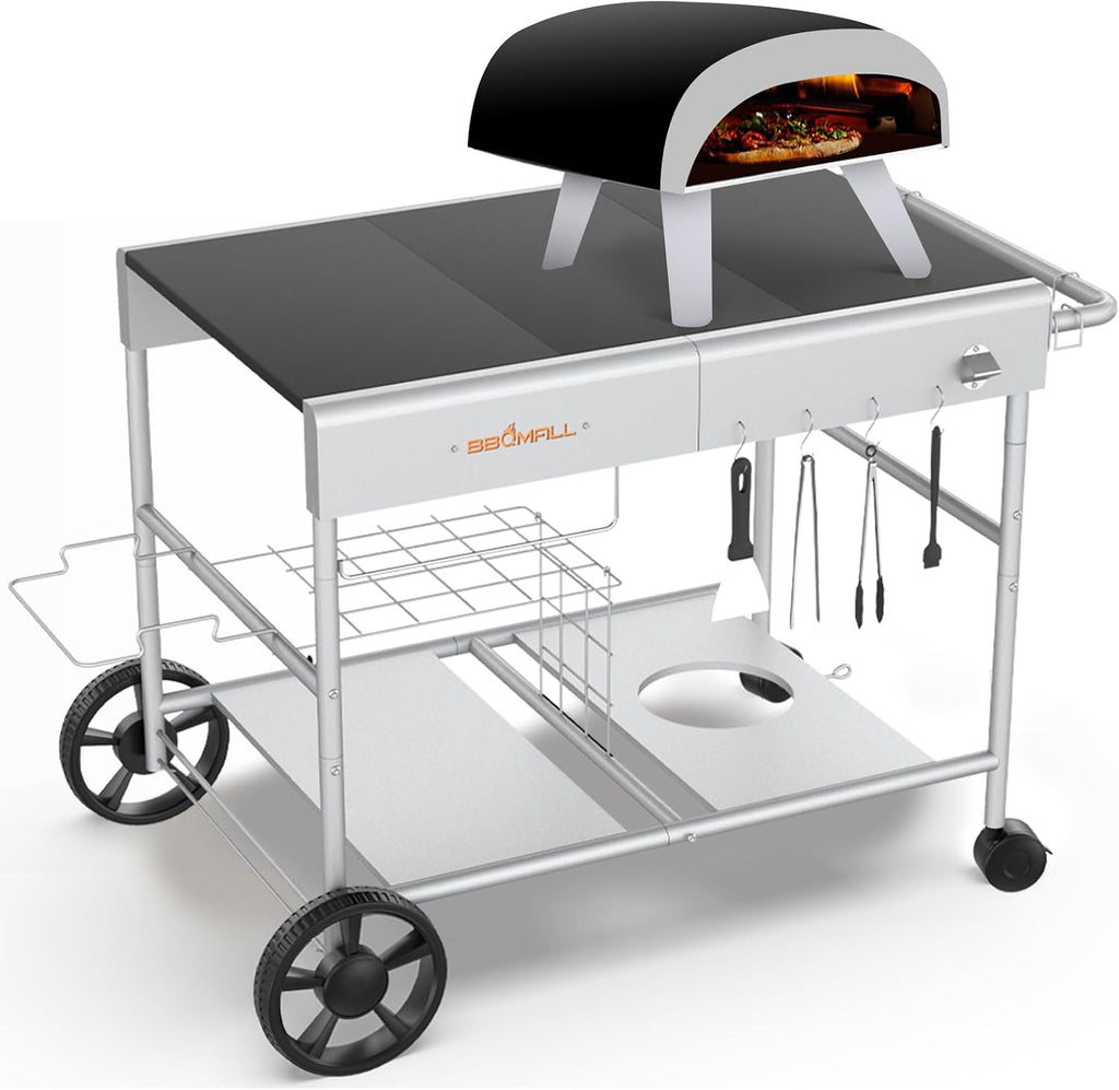 Upgraded Pizza Oven Cart Table for Ooni Koda/Karu/Fyra 16 & 12, Movable Thicken & Widen Rolling Kitchen Cart, Outdoor Grill Stand for Ninja Woodfire,Blackstone Griddle,Barbecue Tool Set
