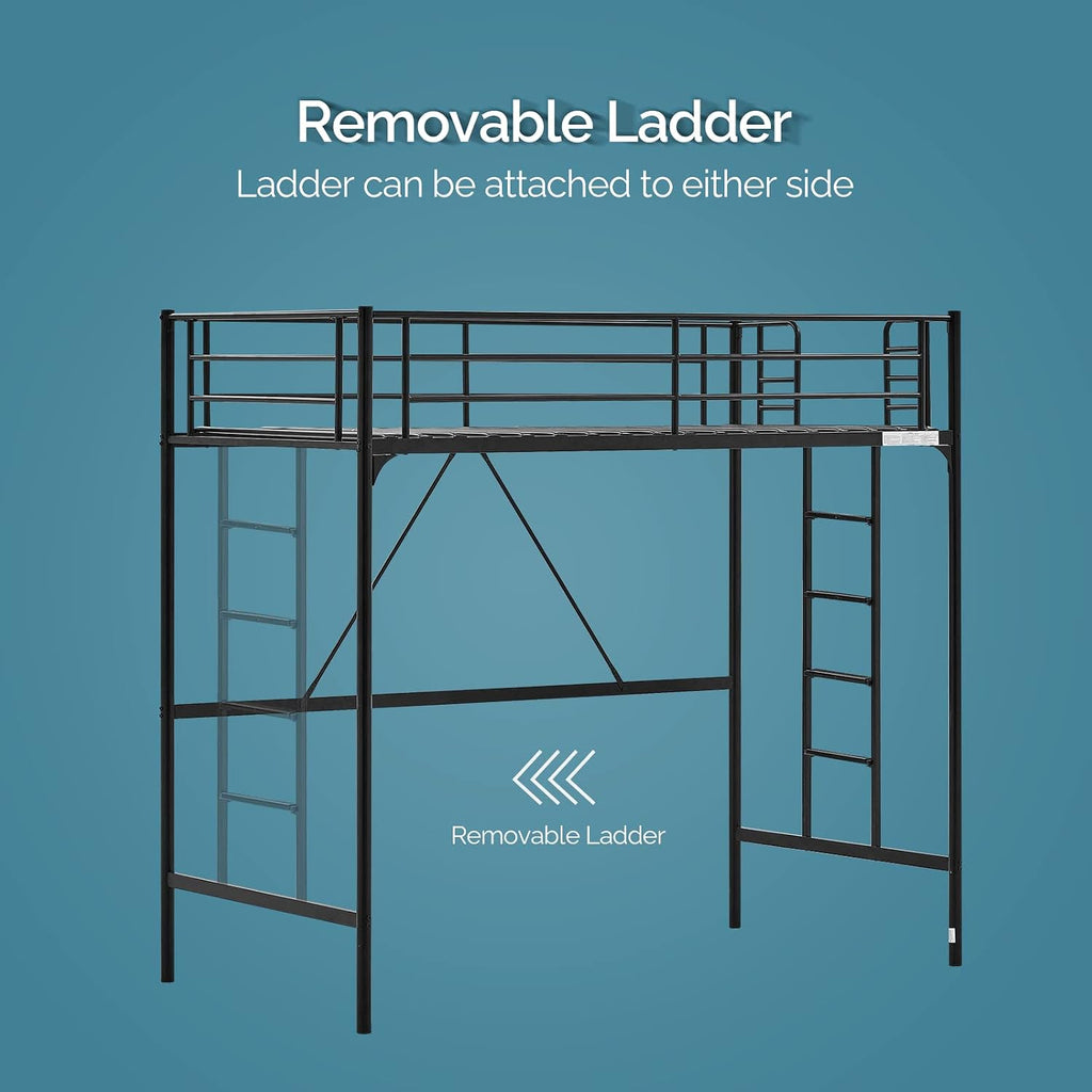 VINGLI 71 Inches Tall Loft Bed Twin Size with Flat Ladder Rung for Kids Teens Adults Heavy Duty Metal Single Bunk Bed Loft with Safety Guard Rails for Small Space, Black