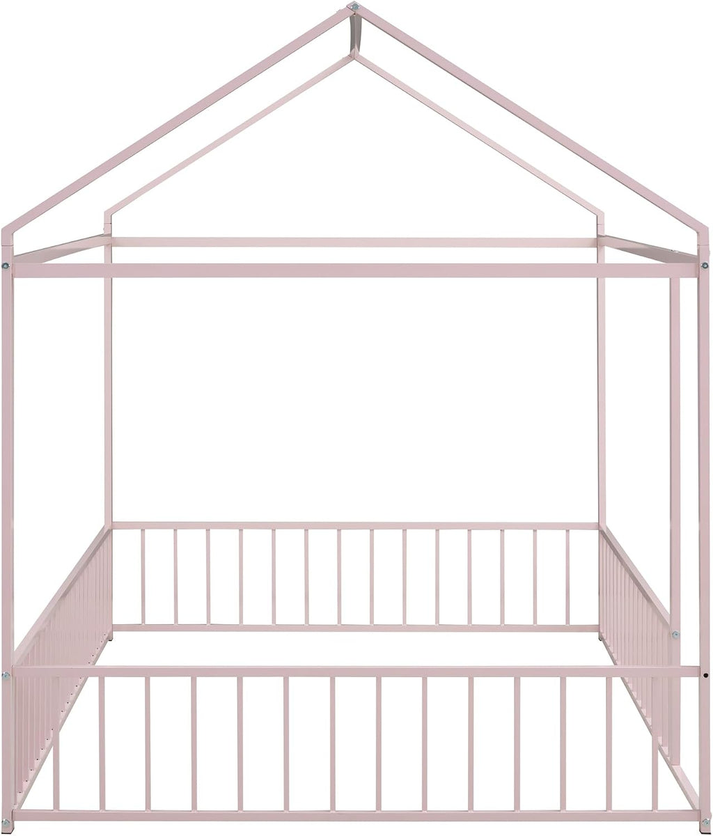 Bellemave Full Size House Floor Montessori Bedframe with Rails and roof, Metal House Bed for Kids, Montessori Floor Beds for Kids White