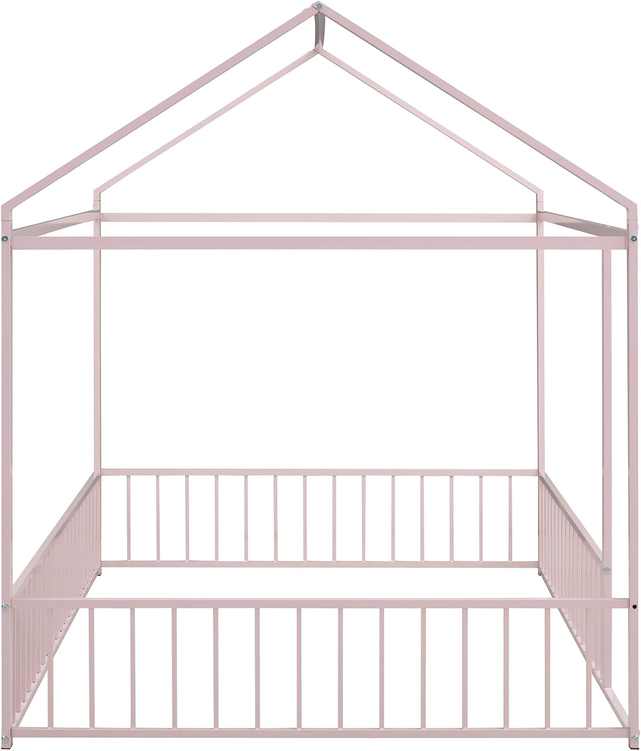 Bellemave Full Size House Floor Montessori Bedframe with Rails and roof, Metal House Bed for Kids, Montessori Floor Beds for Kids White