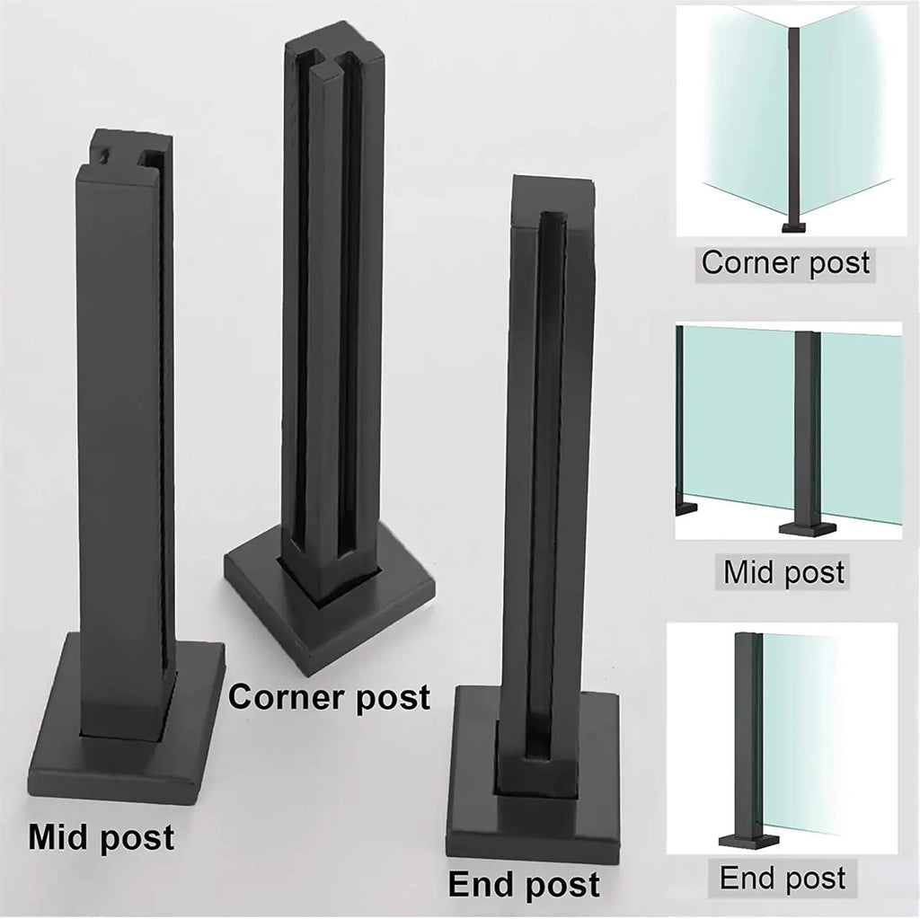 Black Glass Railing Post, 304 Stainless Steel Glass Railing with Spigot Slots & Base, Heavy-Duty Glass Clamp Bracket for Deck Balusters, Balcony, Patio, Stairs(Corner Post,Height-75cm/29.5in)