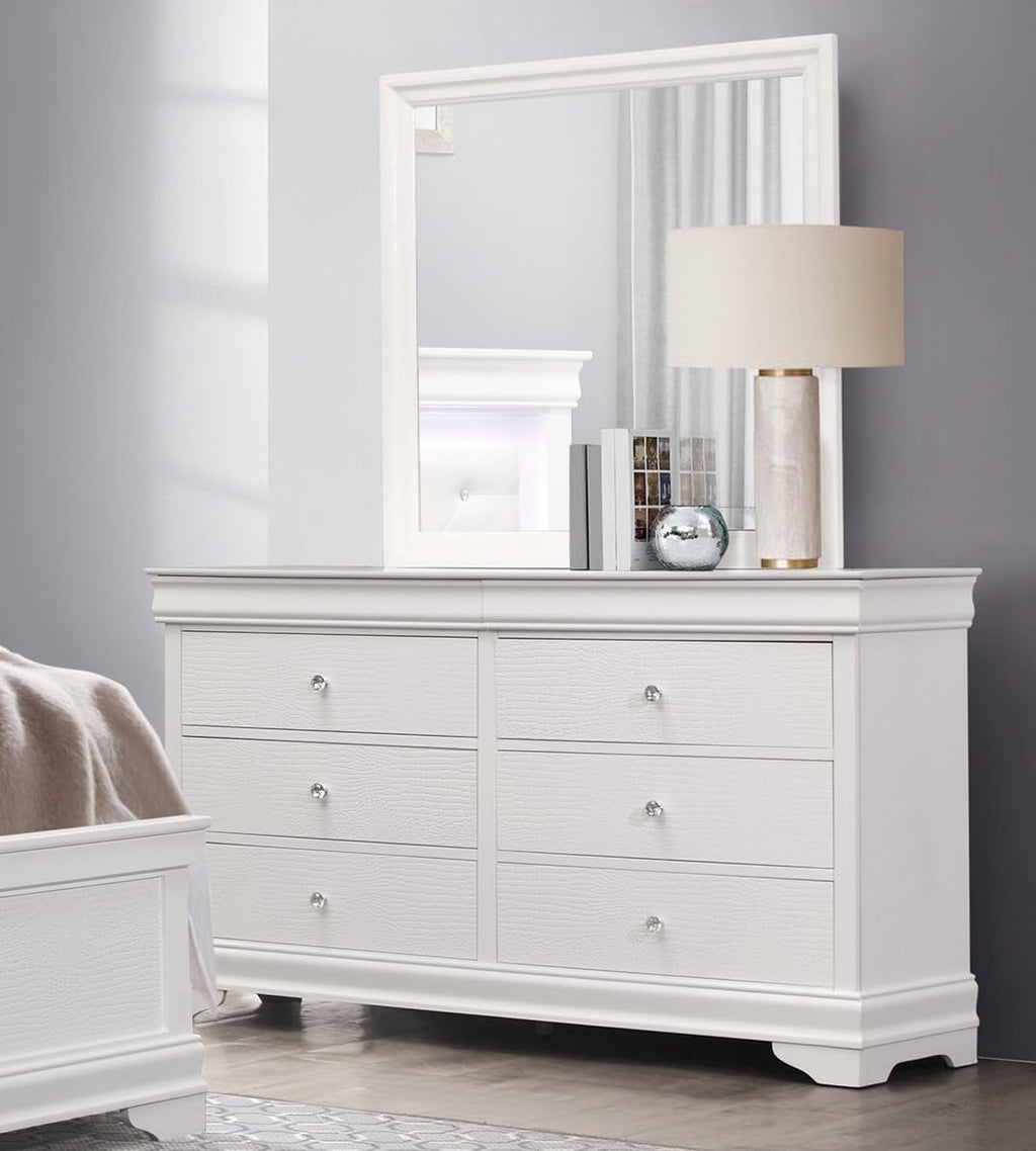 Glam 4 Pieces Set Bedroom Furniture Full Size Tufted LED Light Bed White Finish Alligator Texture Fronts Wooden Traditional Design