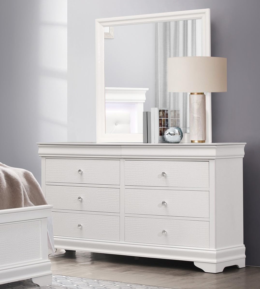 Modern Glam 6pc Set Bedroom Furniture Full Size Tufted LED Light Bed White Finish Alligator Texture Panels