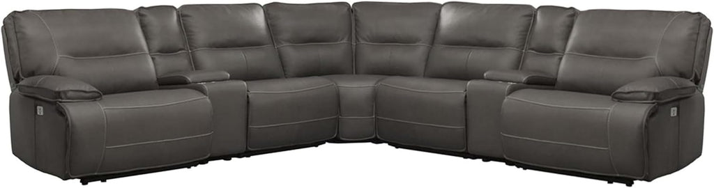 Pemberly Row Haze 7-Piece Power Reclining Sectional, 133'W x 133'D x 40'H, Adjustable Headrests, Faux Leather Cover, Storage Console with Cup Holders, USB Charging Ports, Plush Living Room Furniture