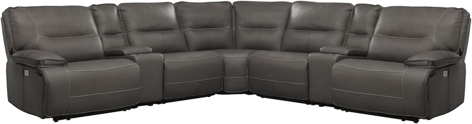 Pemberly Row Haze 7-Piece Power Reclining Sectional, 133'W x 133'D x 40'H, Adjustable Headrests, Faux Leather Cover, Storage Console with Cup Holders, USB Charging Ports, Plush Living Room Furniture