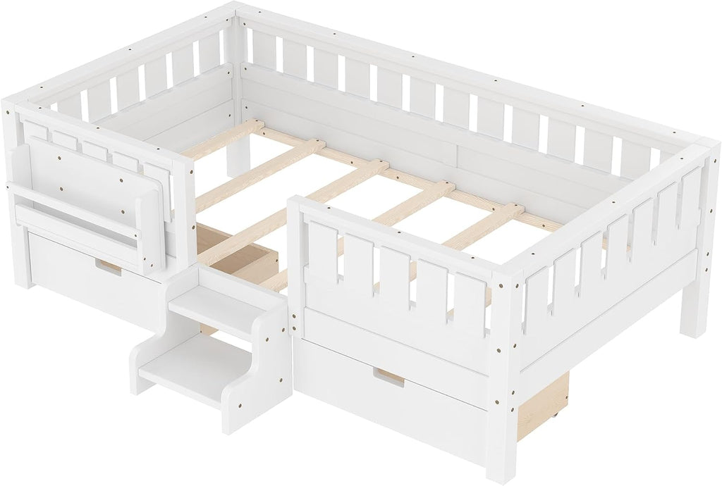 Bellemave Twin Montessori Bed with Stairs, Rails and Slats, Twin Size Montessori Floor Bed with Bookshelf and 2 Storage Drawers, Easy Assemble Beds Frame for Girls, Boys, White