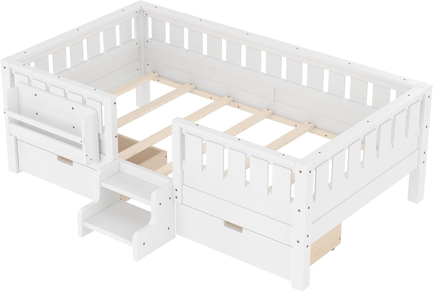 Bellemave Twin Montessori Bed with Stairs, Rails and Slats, Twin Size Montessori Floor Bed with Bookshelf and 2 Storage Drawers, Easy Assemble Beds Frame for Girls, Boys, White