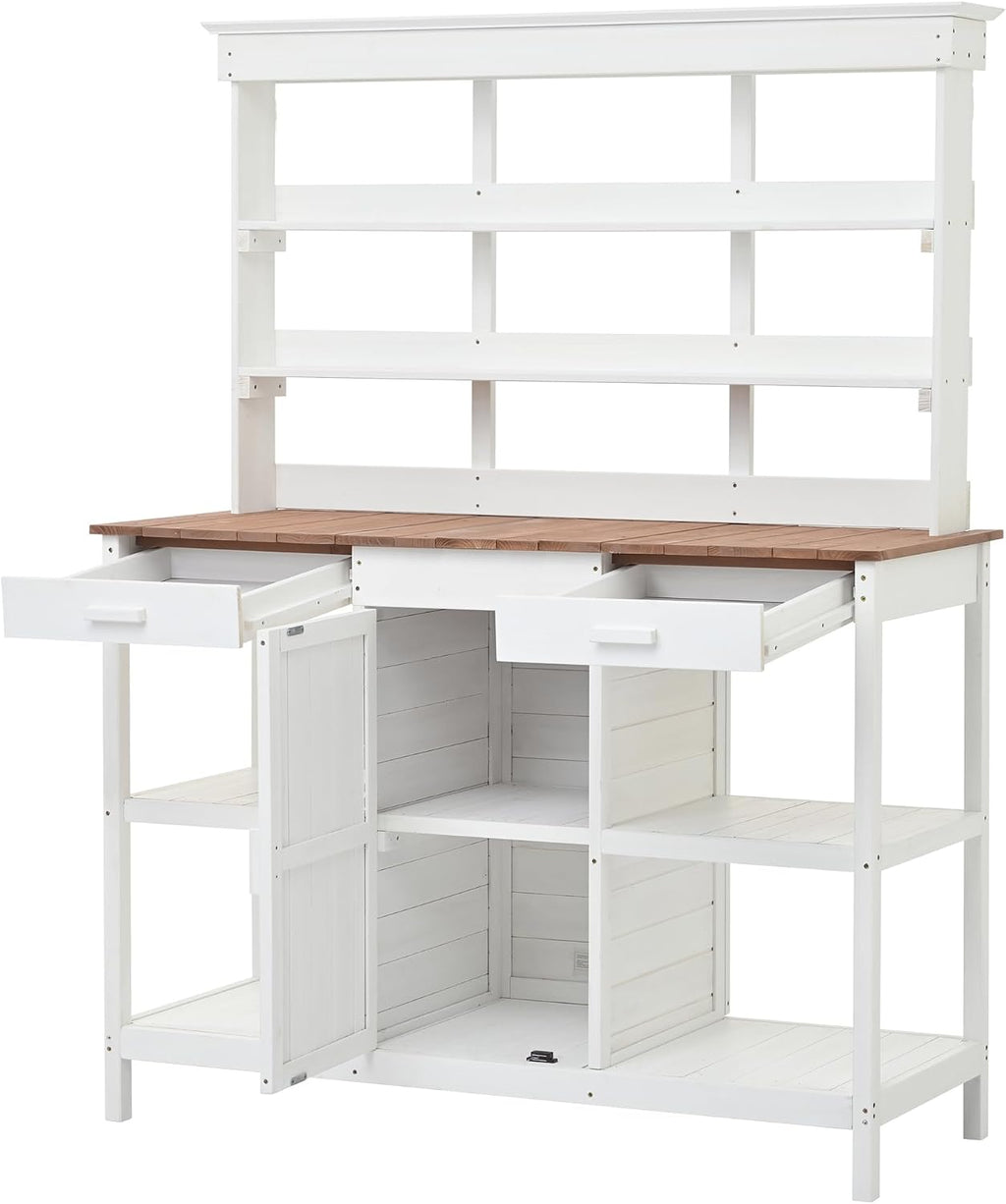 Potting Bench Table, 66 Inch Large Outdoor Farmhouse Wooden Garden Workstation with 2 Drawers Cabinet and Open Shelves for Backyard/Mudroom, White