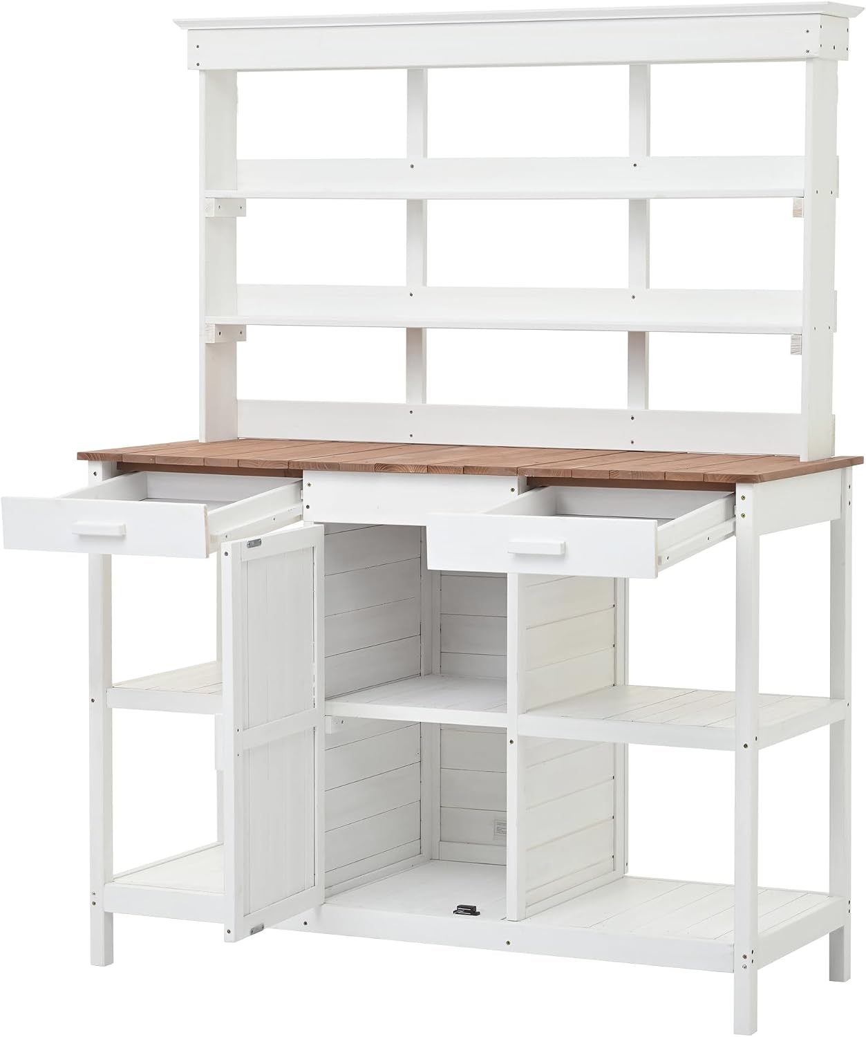 Potting Bench Table, 66 Inch Large Outdoor Farmhouse Wooden Garden Workstation with 2 Drawers Cabinet and Open Shelves for Backyard/Mudroom, White
