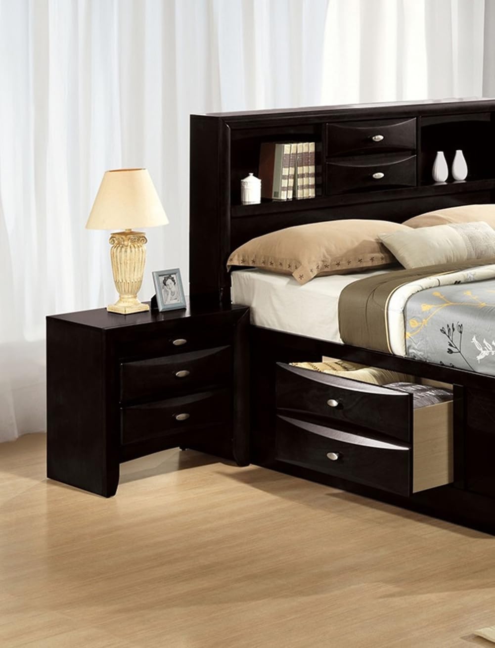 King Size Bed 2X Nightstands Headboard Bookcase Black Color 3pc Set Bedroom Furniture