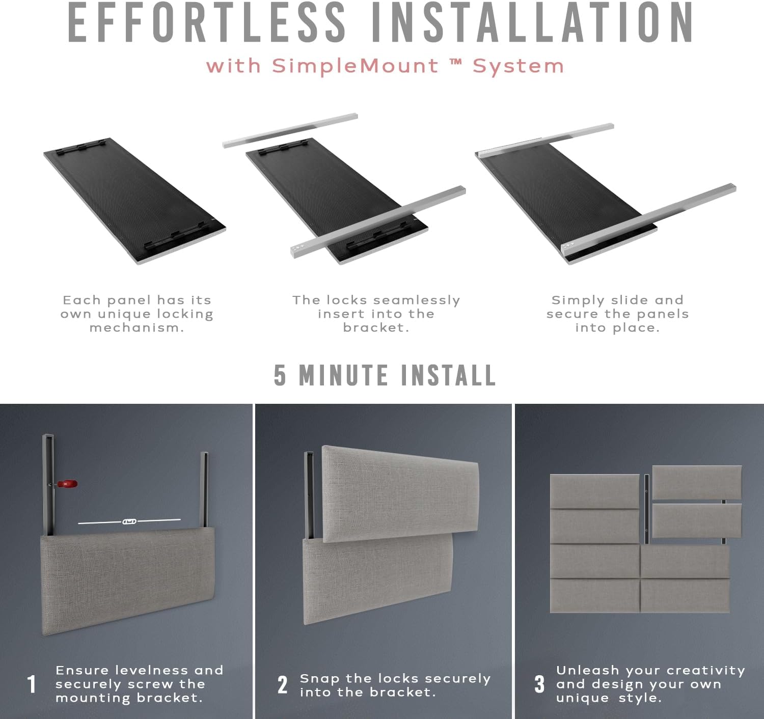 Vänt Upholstered Wall Mounted Headboard Panels -Isabelle Layout - 60' X 23'-Configuration of 4 Individual Panels - Recommended for Queen-Full - Velvet/Black