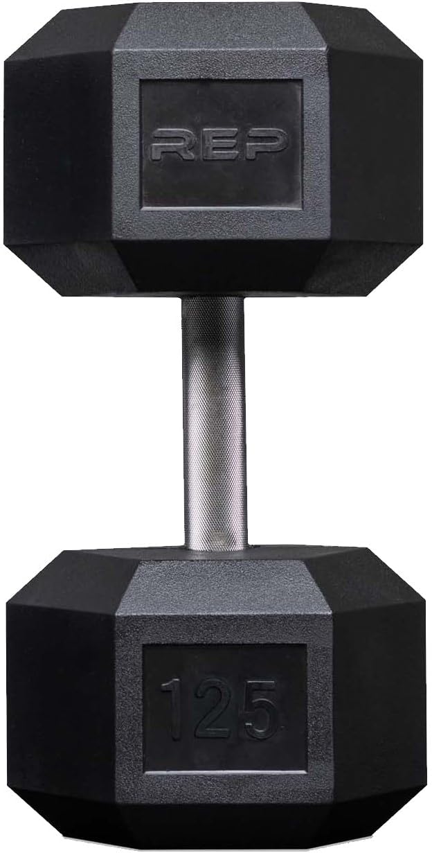 Rep Fitness Rubber Hex Dumbbell(s) - Singles (55LB +) and Pairs (5LB - 50LB) - Low Odor, Fully Knurled Handle