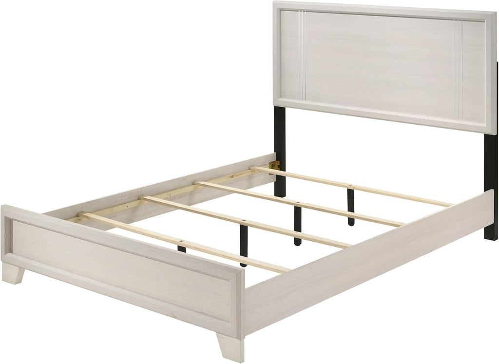 Beautiful Lustrous White Cream Finish Full Size Panel Bed Wooden 5pc Bedroom Set