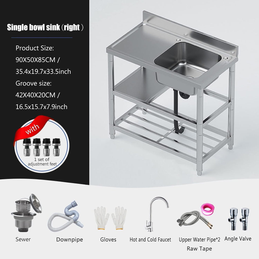 Stainless Steel Utility Sink with Workbench, Commercial Restaurant Sink Kitchen Sinks Set Prep & w/Faucet & Drainboard, Laundry Room Single Bowl Outdoor Kitchen Sinks(Hot Cold Faucet Right,35.4in)