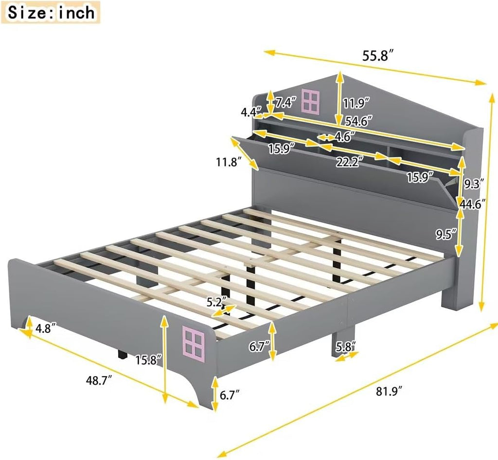 3-Pieces Bedroom Sets Full Size House Bed with Storage Headboard, Wooden Nightstand and Storage Dresser,Bed Frame