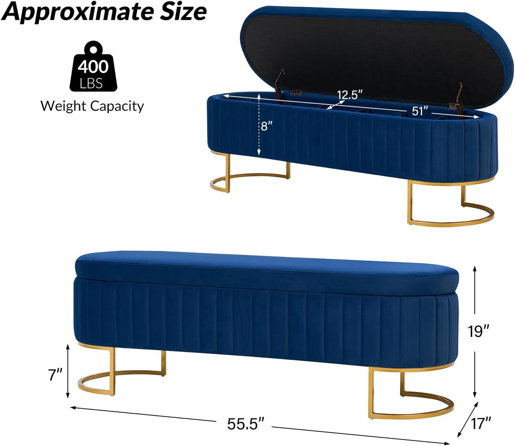 EcoHarbor Living 55.5' Storage Bench Ottoman End of Bed Bench Bedroom Bench, Upholstered Velvet Long Window Bench Large King Size with Gold Legs, Flipping Lid Entryway Footrest