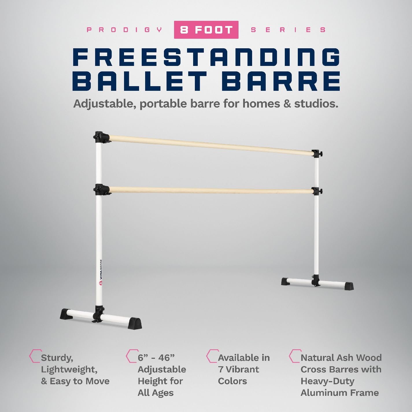 VITA Barre Portable Freestanding Double Ballet Barre, Prodigy, Wood | Adjustable Height, USA Made, Home or Gym Exercise Equipment for Kids & Adults | Dance, Fitness, Pilates