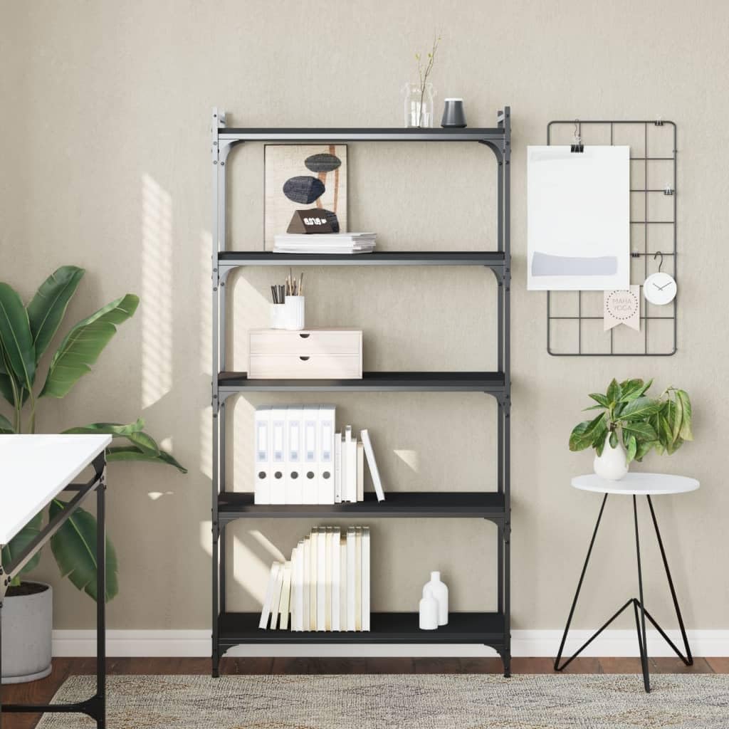5-Tier Industrial Bookcase, Black Engineered Wood Bookshelf with Metal Frame, Adjustable Shelves for Living Room Office Storage, 31.5' Wide