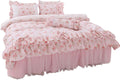 LELVA Romantic Rose Flower Print Bedding for Girls Duvet Cover Set with Bed Skirt Pink Lace Ruffle Floral Shabby Bedding Sets Full 4 Piece
