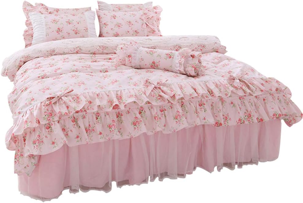 LELVA Romantic Rose Flower Print Bedding for Girls Duvet Cover Set with Bed Skirt Pink Lace Ruffle Floral Shabby Bedding Sets Full 4 Piece