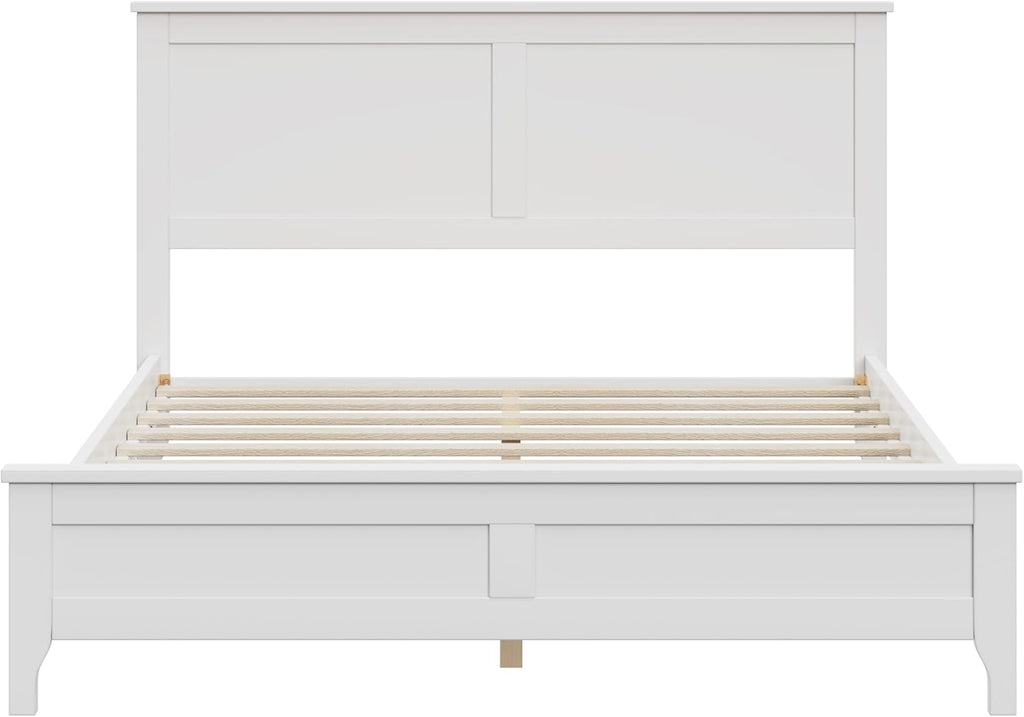 Full Size Wood Bed Frame and Headboard, Modern Retro White Platform Beds Frames, Sturdy and Durable Design Mid Century Rustic Wooden Bedroom Set, No Box Spring Needed (White, Full)